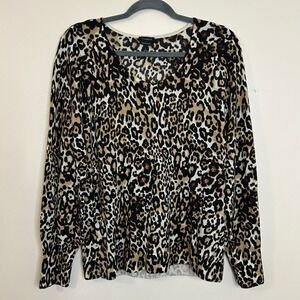 Talbots‎ Leopard Print V Neck Merino Wool Sweater Size L